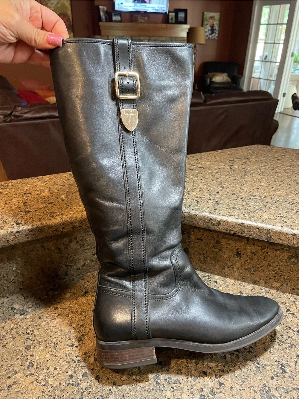 Coach Easton Black Calf Leather Tall Riding Boots Sz 9 Gold Accented Logo Buckle